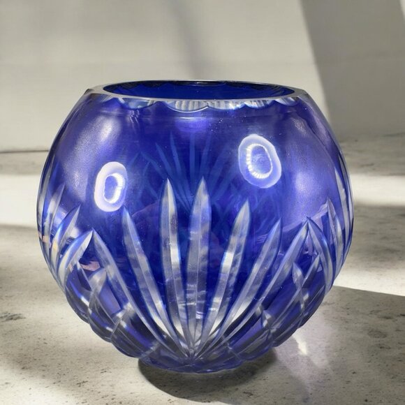 Czech Bohemian Other - Vintage Czech Bohemian Cobalt Blue Cut To Clear Large Rose Bowl Vase Glass Dish